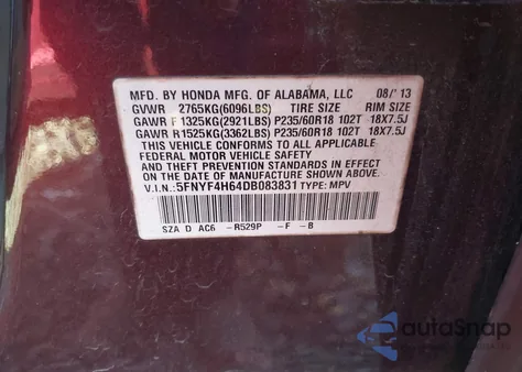 2013 Honda Pilot Ex-L z USA, uszkodzony, nr VIN 5FNYF4H64DB083831